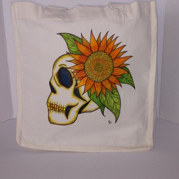 Hand Painted Skull Tote Bag: Sunflower Art, Reusable Canvas Bag 14x13x7 - Picture 15 of 16